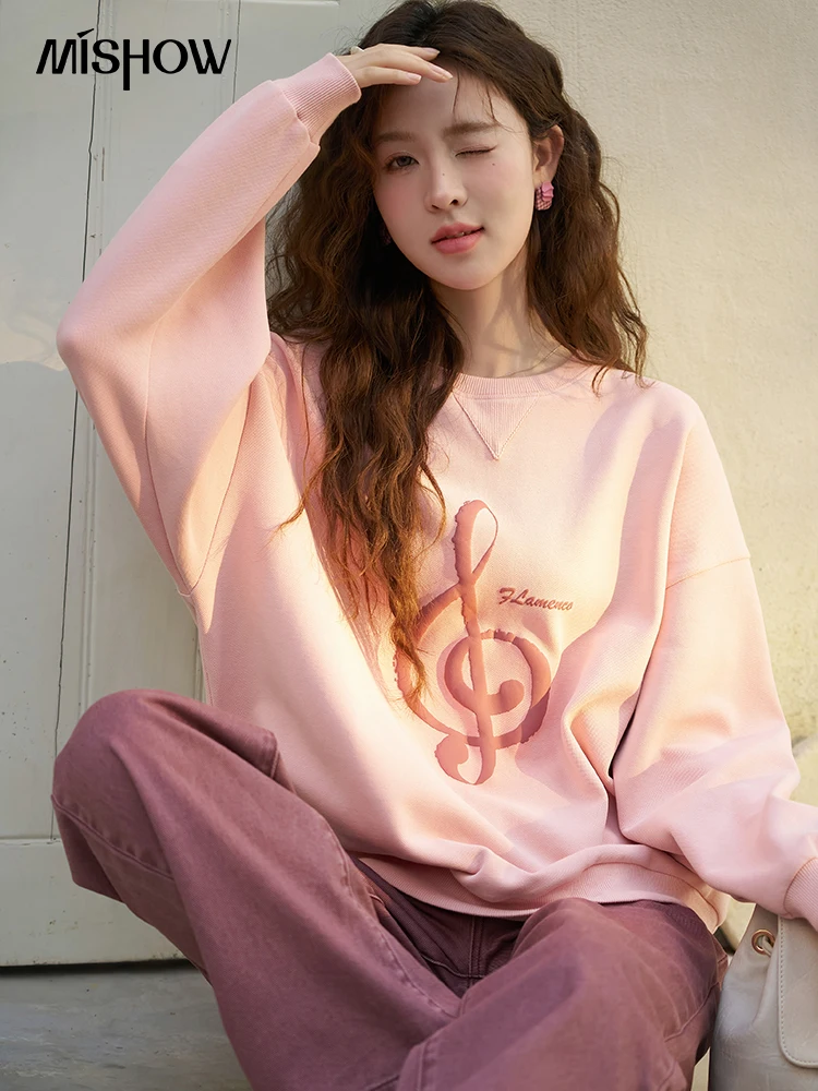 MISHOW Crewneck Pink Graphic Sweatshirt for Women 2024  Korean Casual Loose Sweatshirts Spring Autumn Pullover Tops MXD11V0075