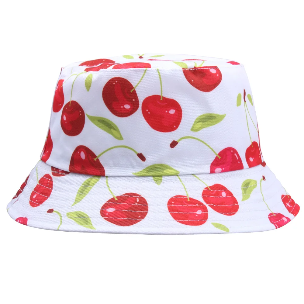 4 Colors Light Soft Cherry Printing Unisex Bucket Hat for Women Men Outdoor Head Decoration Panama Fisherman Cap Summer F113