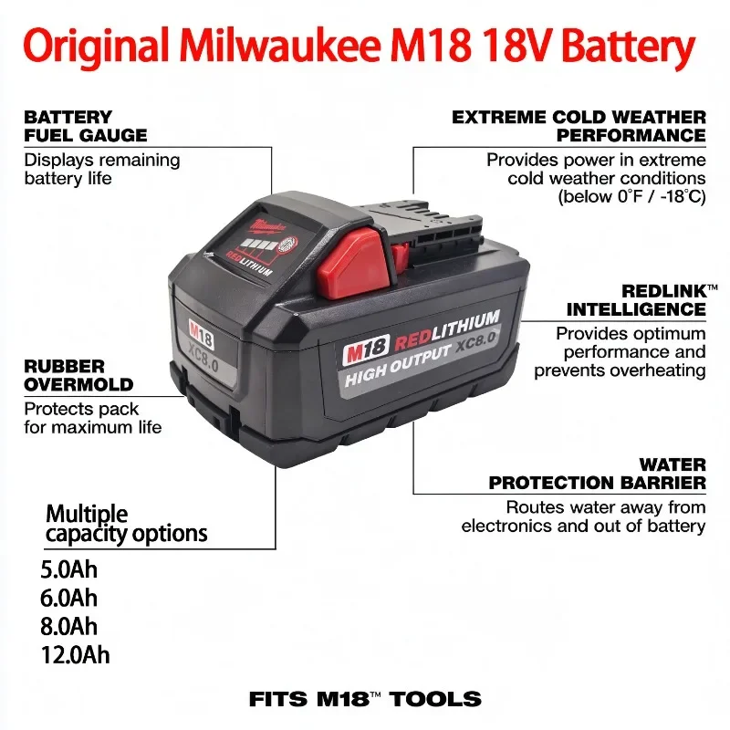 Authentic Milwaukee 18V 8Ah HIGH OUTPUT XC M18HB8 Battery for Reciprocating Saw Demolition 175 Plus Tool Compatible, 21700 Cell