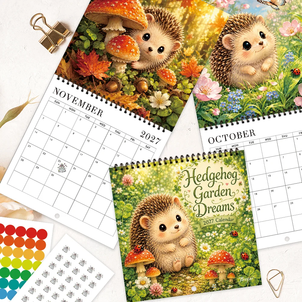 1pc 2027 Cute Hedgehog Wall Calendar,12‑Month Planner,Gift For Back‑to‑School,Christmas,New Year,Free Stickers Included