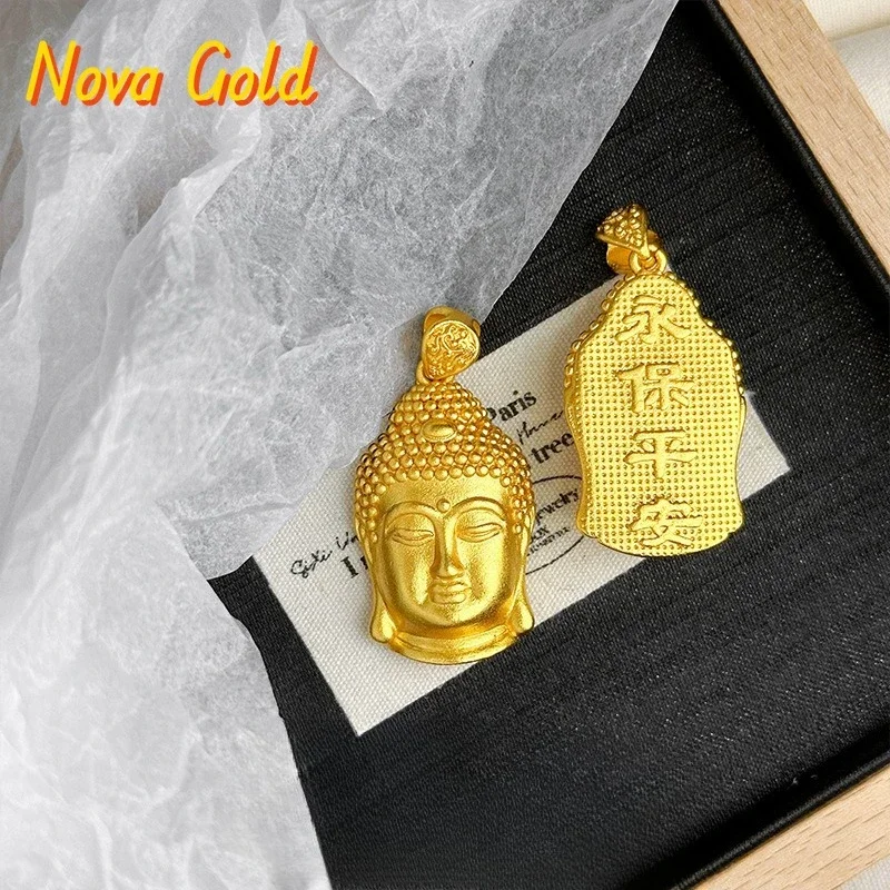 NovaGlod New Chinese style 24K ancient gold male and female 9999 solid peace Buddha head real gold pendant DIY rope braided neck