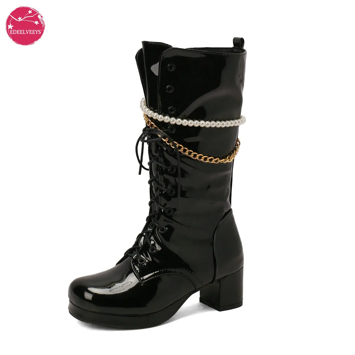 

Women Gothic Harajuku Motorcycle Boots Med Height Chuncky Heel Glossy Patent Leather Lolita JK Uniform Shoes String Bead Chain