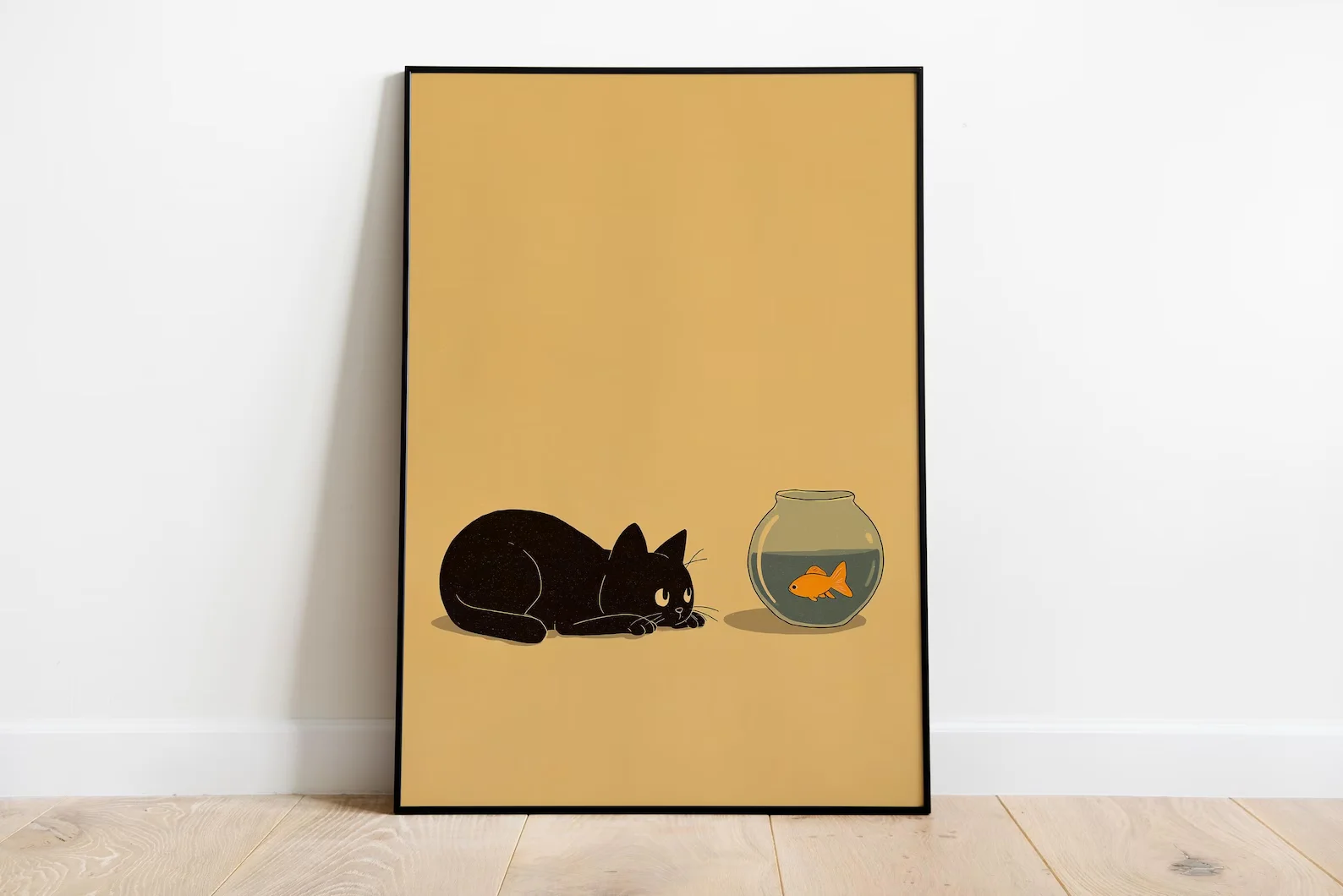 Minimalistischer Kunstdruck mit schwarzer Katze und Goldfisch-Illustration, lustige Tier-Wandkunst, modernes Dekor für Zuhause oder Büro