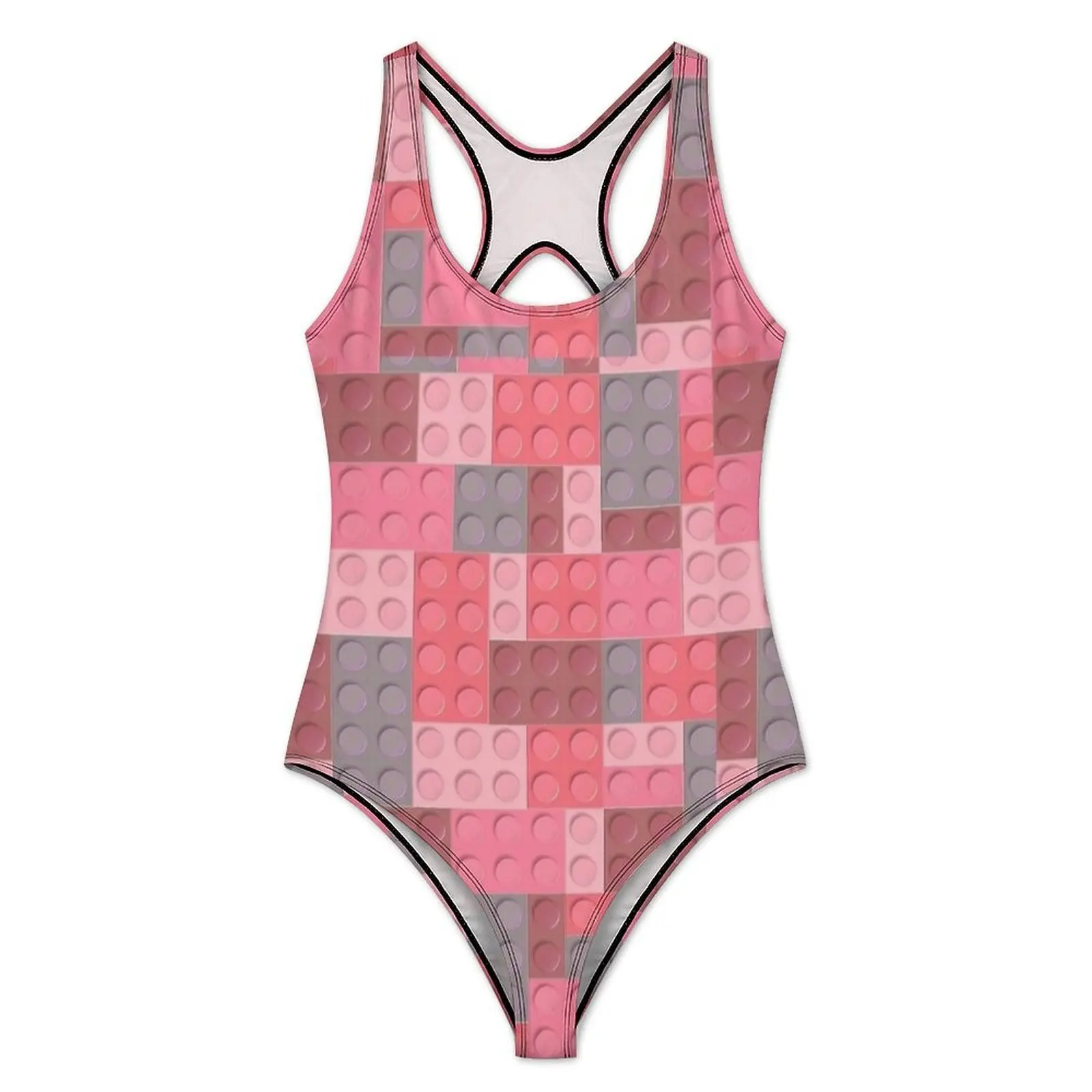 Building Blocks Pink And Grey Print Swimsuit Swimwear One Piece Surfing Bodysuit High Cut Bathing Suits Push Up Sexy Beach Wear