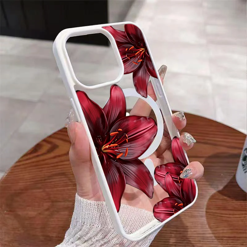 Burgunderrote Lilienblüten-Magnet-Schutzhülle für iPhone 11 12 13 14 Pro 15 16 17 Pro Max 16 Plus Air 17E 16E Stoßfeste Hülle – Detail 6