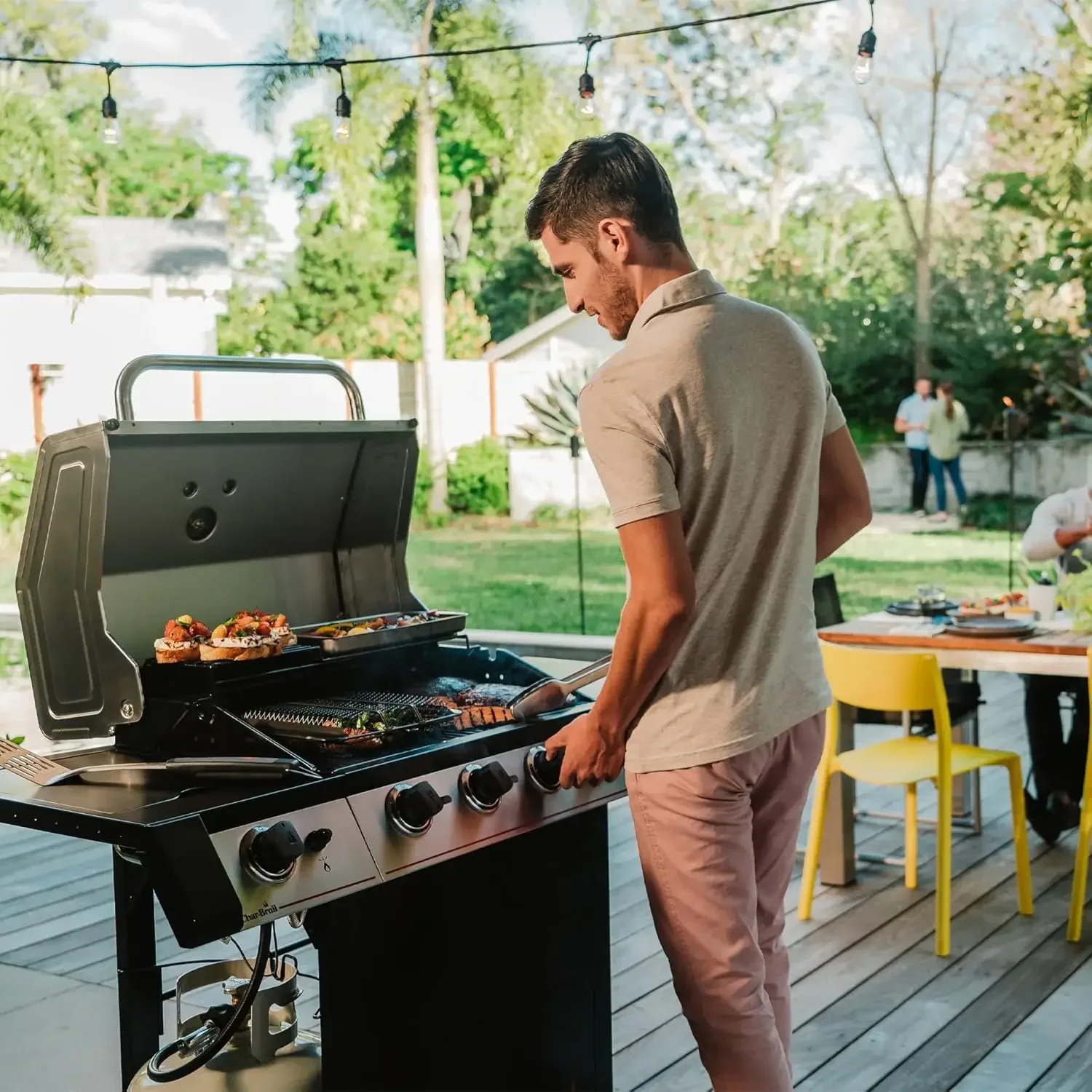 Stainless Steel Gas Barbecue Grill with Chef's Delight Tray, Electronic Ignition, Removable Grease Pan, Porcelain Coated Steel