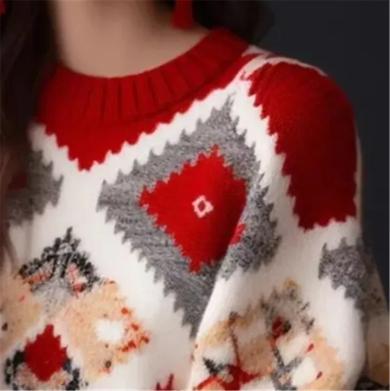 Womens Oversized Sweater High-end Fashion Red Printed Wool Pullover Thick Autumn Winter Loose Cashmere Knitwear