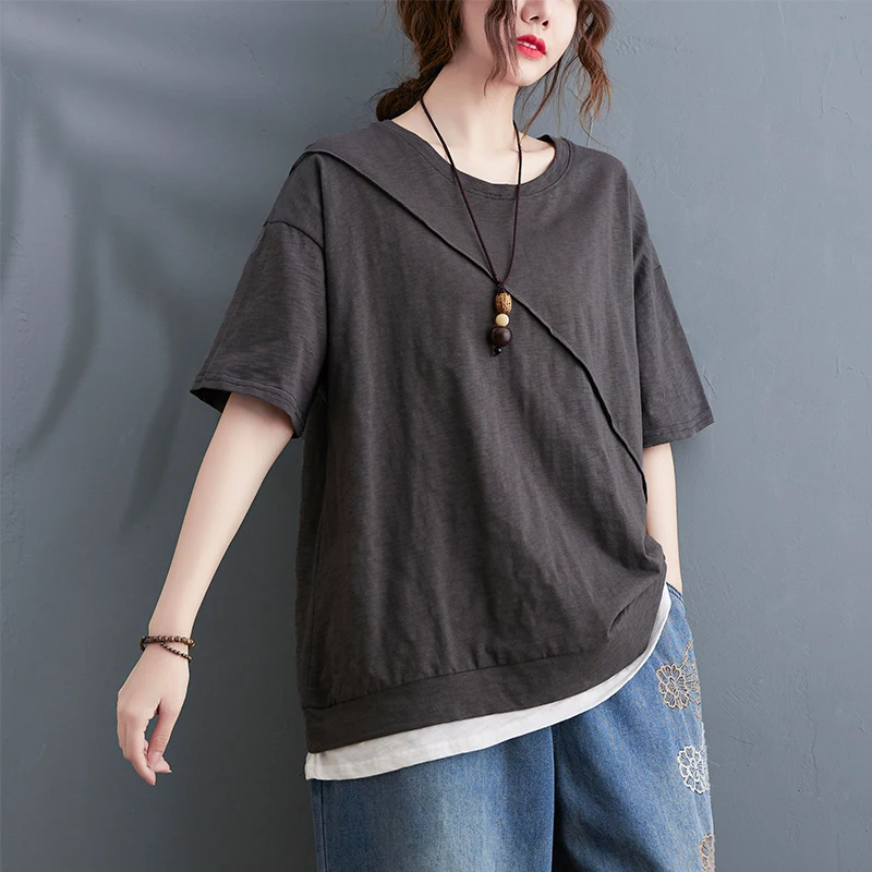 plus Size Women's Summer T-irt Color Blo  Color ort Sve round Ne Loose Fit Casual Versatile Fake Two-Piece Top