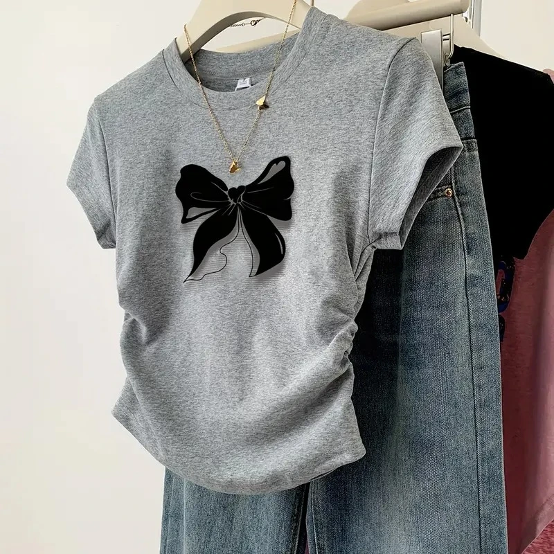 سليم تي شيرت العصرية خمر فراشة طباعة قميص قصير الأكمام س الرقبة الأعلى 2025 صيف جديد الشارع الشهير المرأة ملابس كاجوال #1