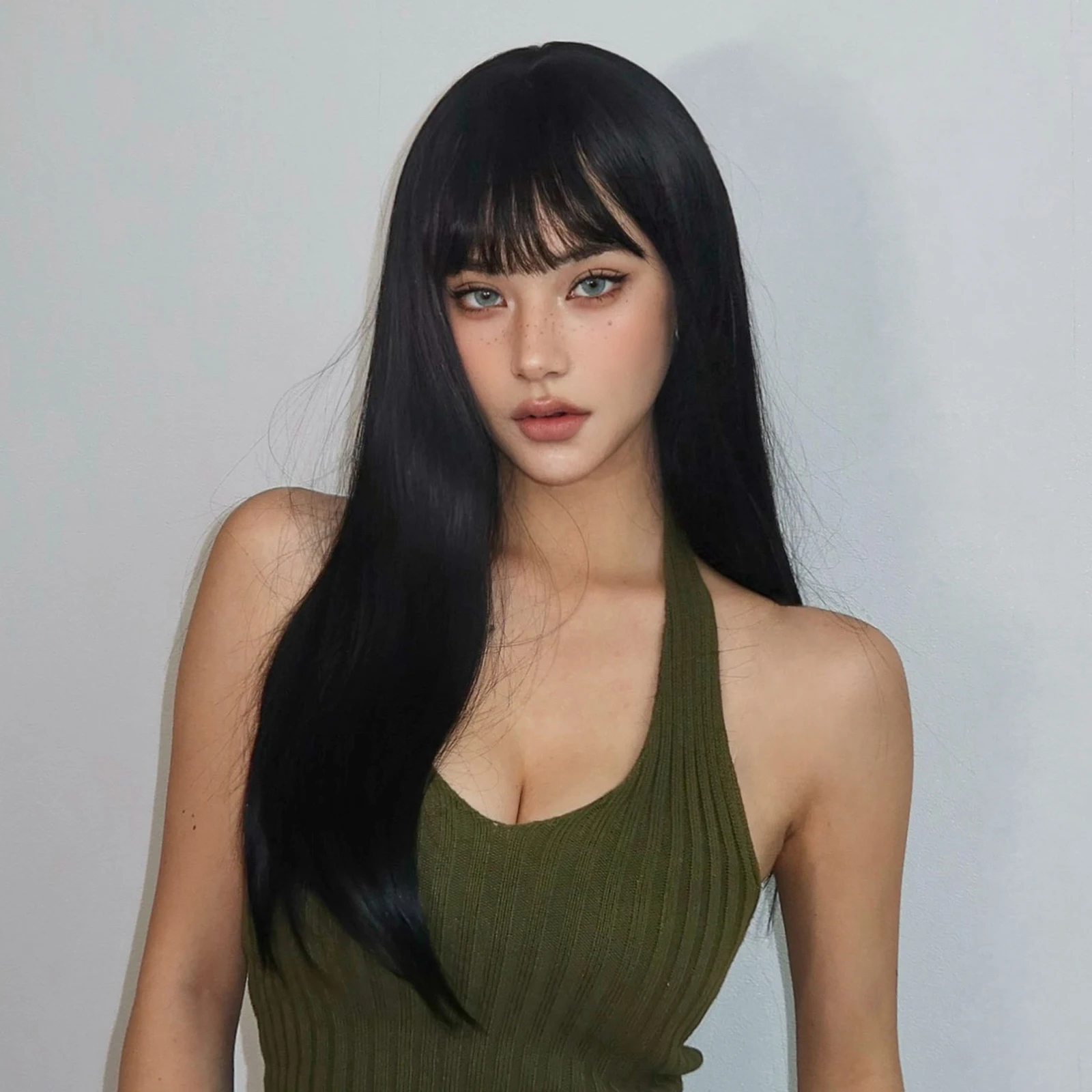 Black Long Straight Synthetic Wig with Fluffy Bangs for Women Cosplay Party Daily Use Wigs Natural Fake Hair Heat Resistant