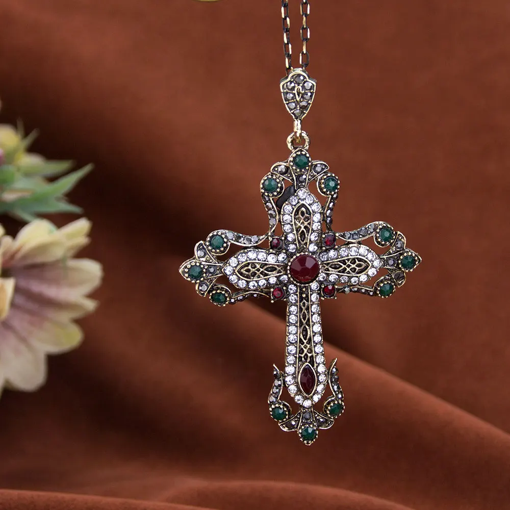 Sunspicems Vintage Flower Cross Necklace For Women Religious Jewelry Antique Gold Color Turkish Cross Pendant Necklace