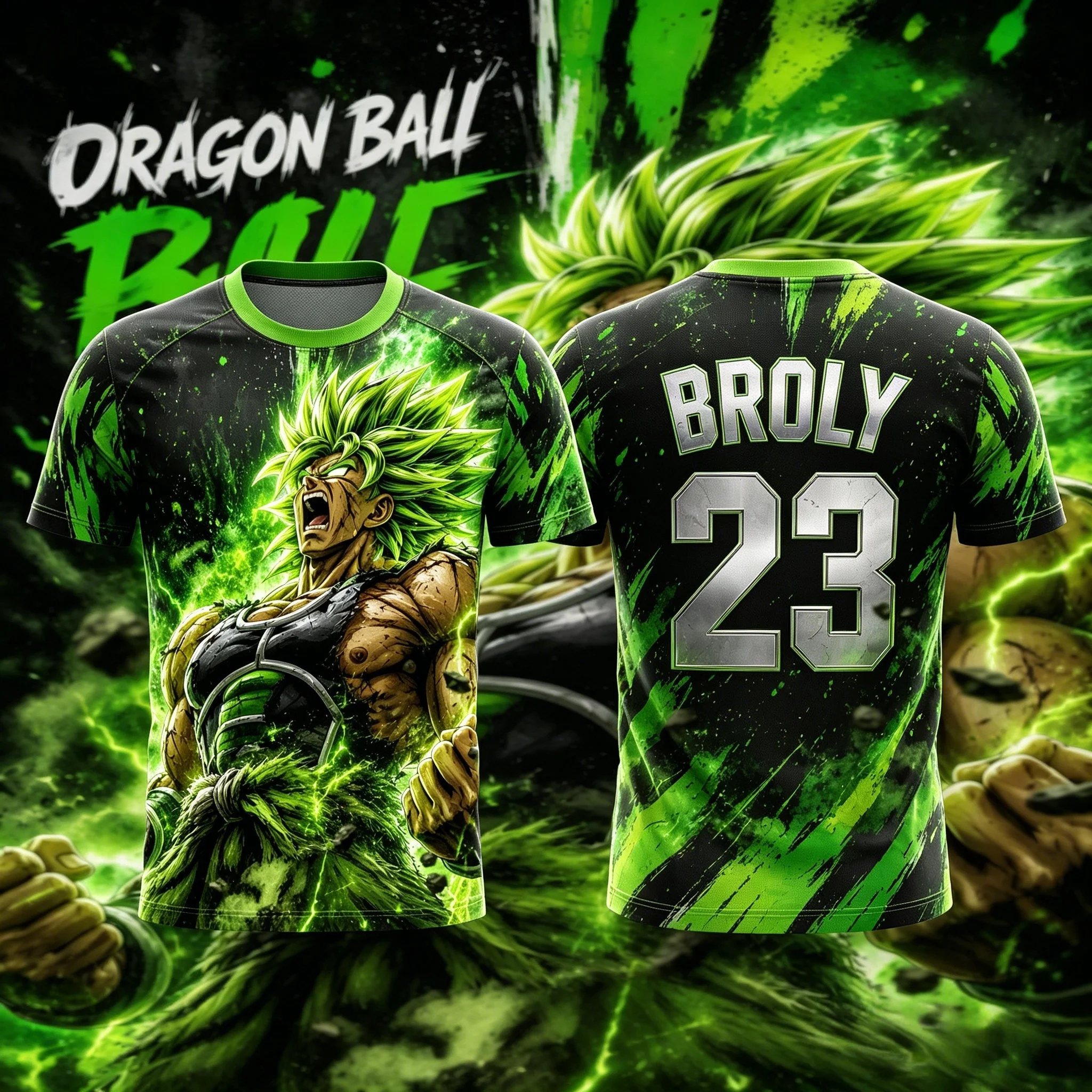 Dragon Ball Super Broly No23 Green Splash Lightning Print Men Soccer Jersey Quick Dry Anime Fan Breathable Sports T Shirt