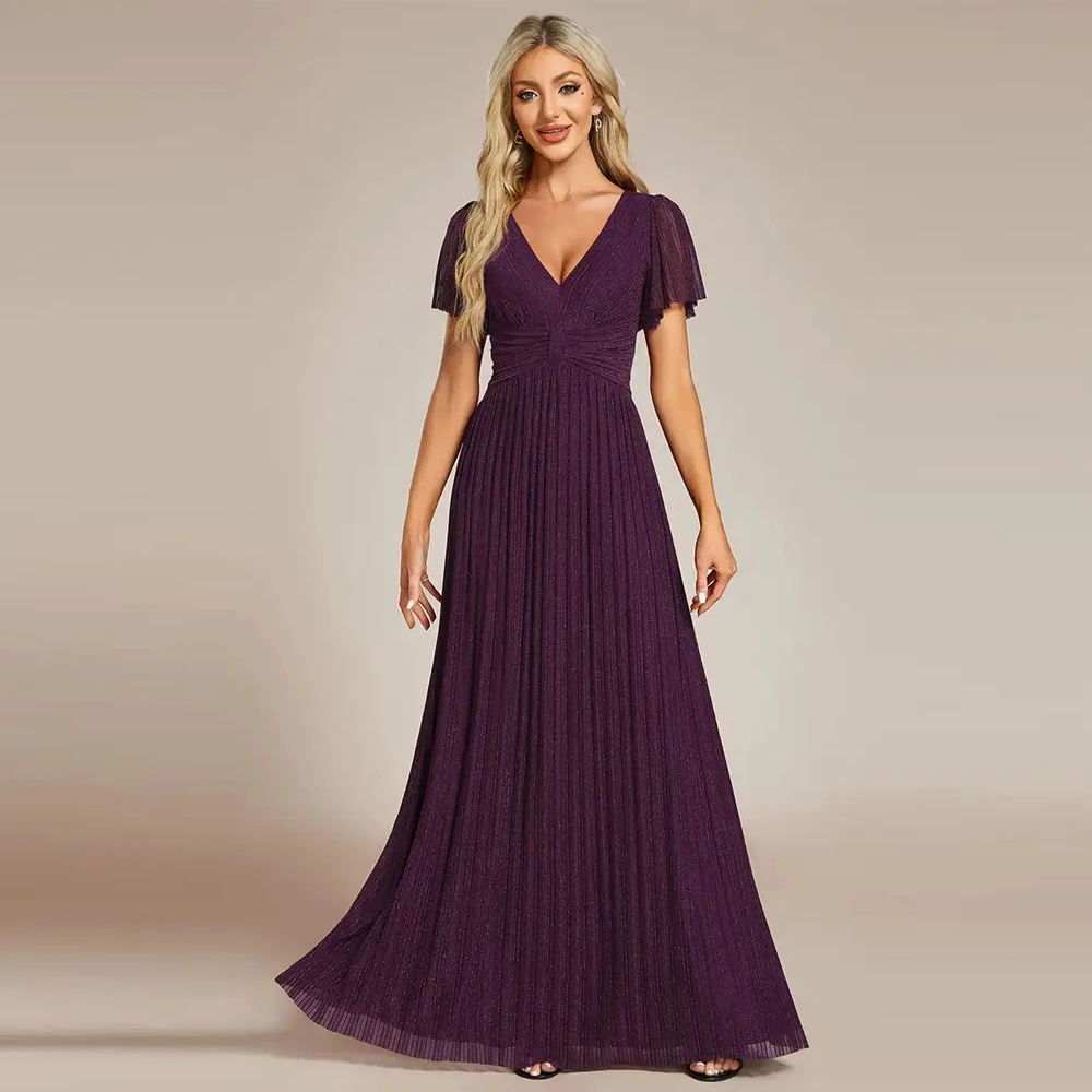 baziiingaaa-party-dress-glittery-v-neck-bowknot-waist-mesh-fabric-evening-dress