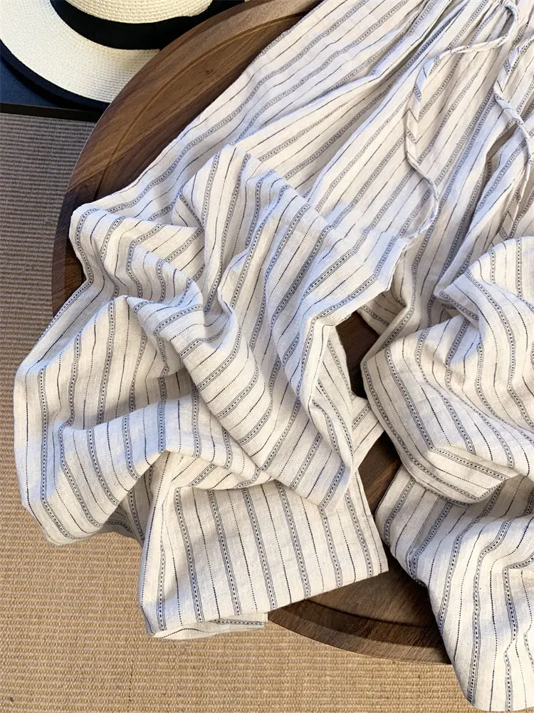 

Лето 2026: Новые универсальные повседневные брюки в корейском стиле из тонкого льна с широкими штанинами на шнурке, свободные длинные брюки для женщин