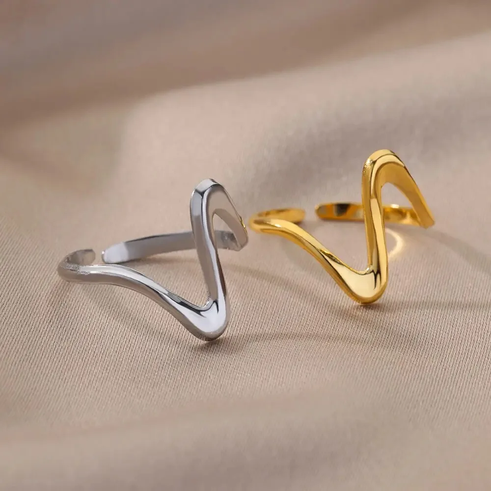 Vintage Geometric Wave Rings For Women Stainless Steel Gold Color Adjustable Rock Ring Aesthetic Wedding Jewelry Gift bijoux