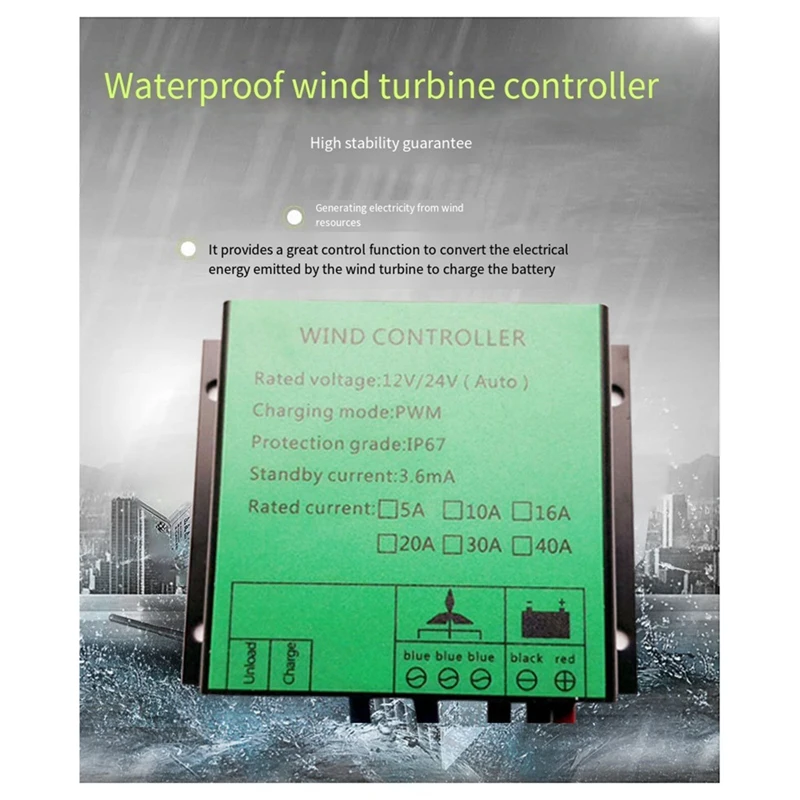 Controlador PWM 300W controlador de carga de turbina eólica regulador a prueba de agua para generador eólico 12V 24V interruptor automático 16A