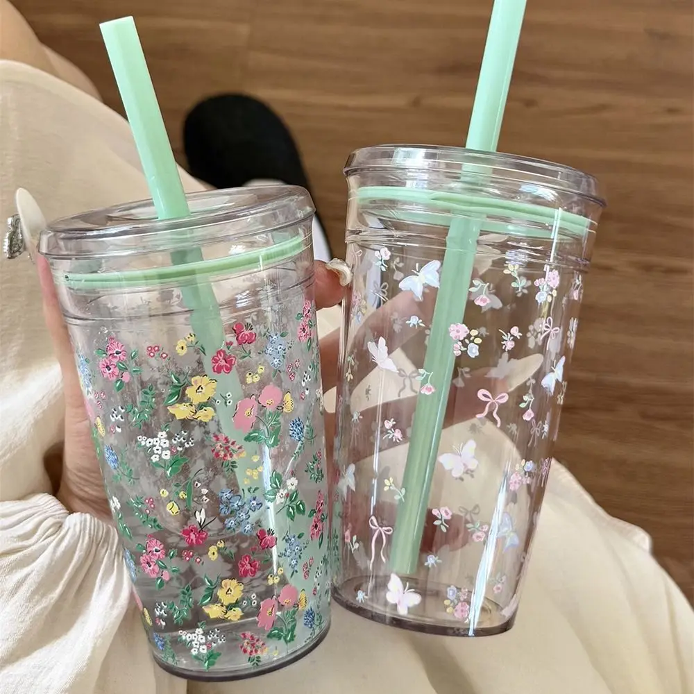 Cute 450ML Straw Cup Tritan Transparent Water Cup Cartoon Printed Drink Cup Coffee Tea Juice