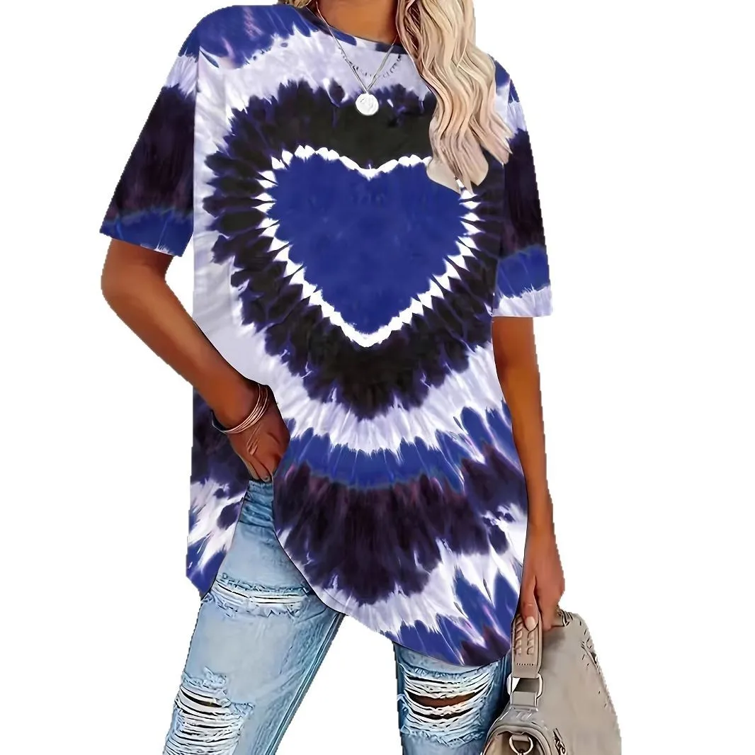 2025 novo tamanho grande feminino tie dye coração impressão camiseta primavera verão casual ort sve topo confortável respirável faion
