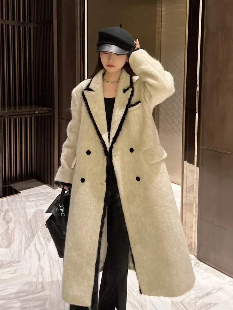 Fashion Party 2024 Autumn Winter New Arrival High-End Color Block Coat Women  60% Wool Blend Long Woolen Jacket Mink hair side