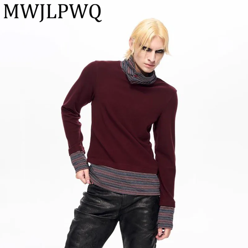 

MWJLPWQ Fake Two-Piece High Street Long Sleeve T-Shirt For Men Autumn Winter Distressed Striped Patchwork Layer Design Top 12764