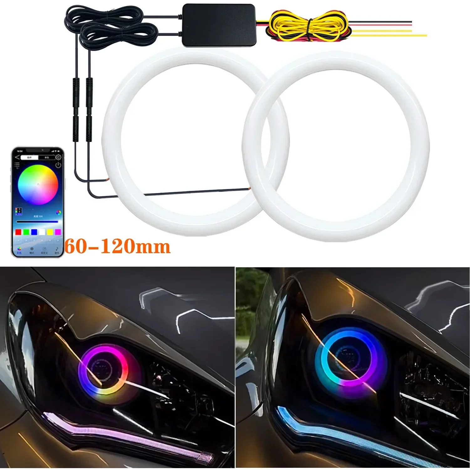 2pcs RGB Angel Eye LED,Daytime Running Headlight Light with APP Control Multiple Light colors Synchronized to Music.60MM-120MM,