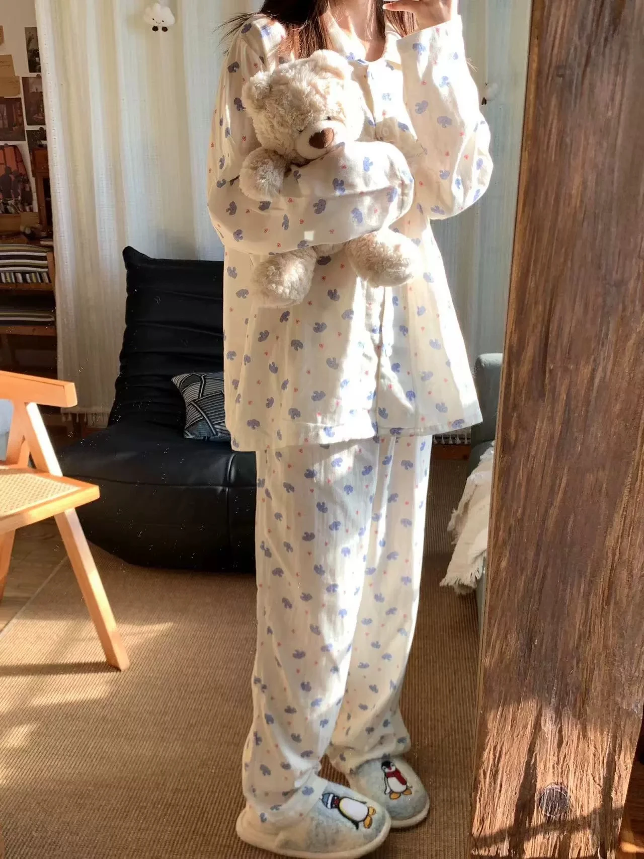 Cotton Double-layer Yarn Cartoon Baby Elephant Light-colored Pajamas Japanese Girls Thin Skin-friendly Soft Casual Loungewear