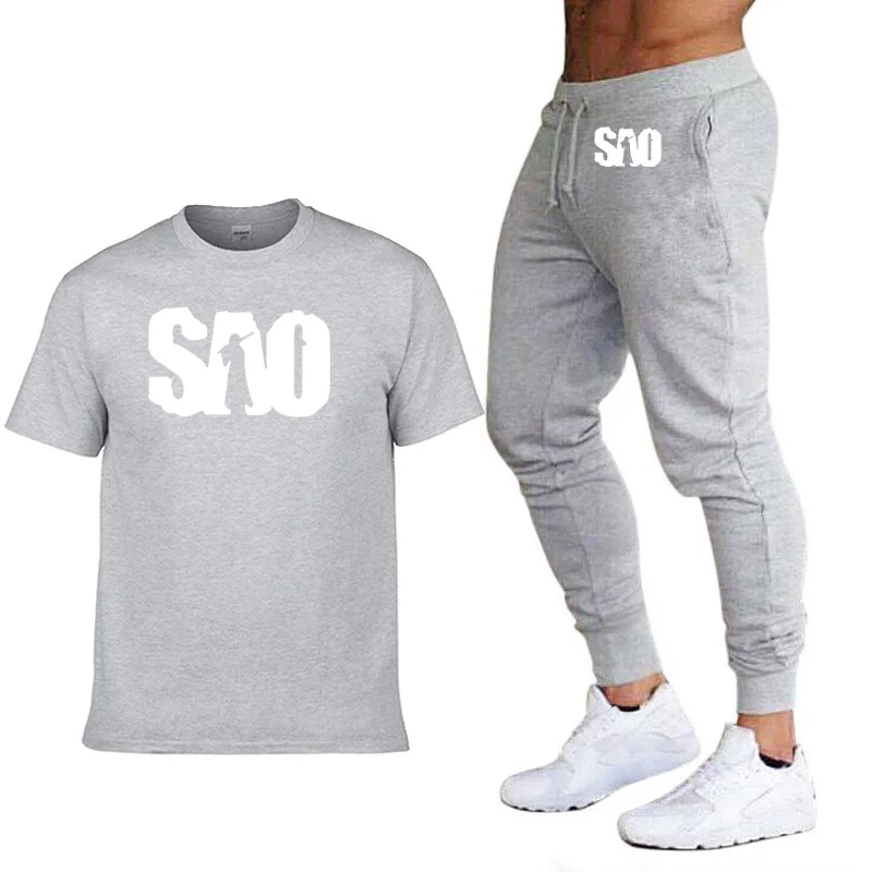 Ensemble d'été pour hommes, t-shirt et pantalon de survêtement, imprimé SAO Sword Art Online, en coton trempé, décontracté, à manches courtes