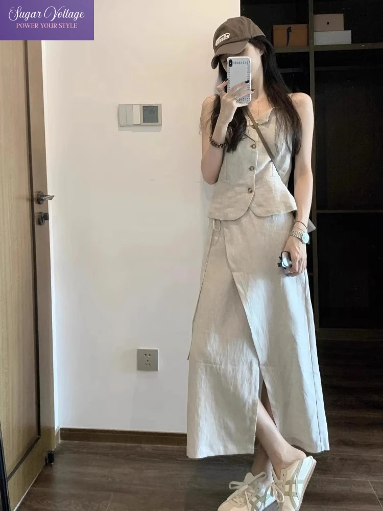 

French Elegant Summer Ins Fashion 2 Pieces Women's Luxury Turn Down Collar Suit Vest+Korean Chic High Waist A Line Long Skirt