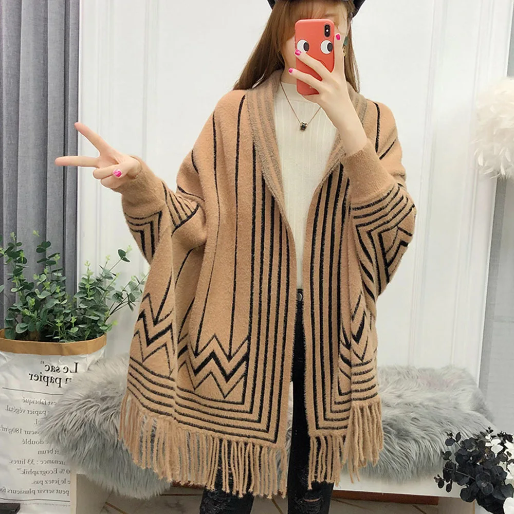 Autumn Winter Mink Cashmere  Pink Beige Khaki Ponchos And Capes Women Warm Thick Cardigan Kimono Shawls And Wraps Femme