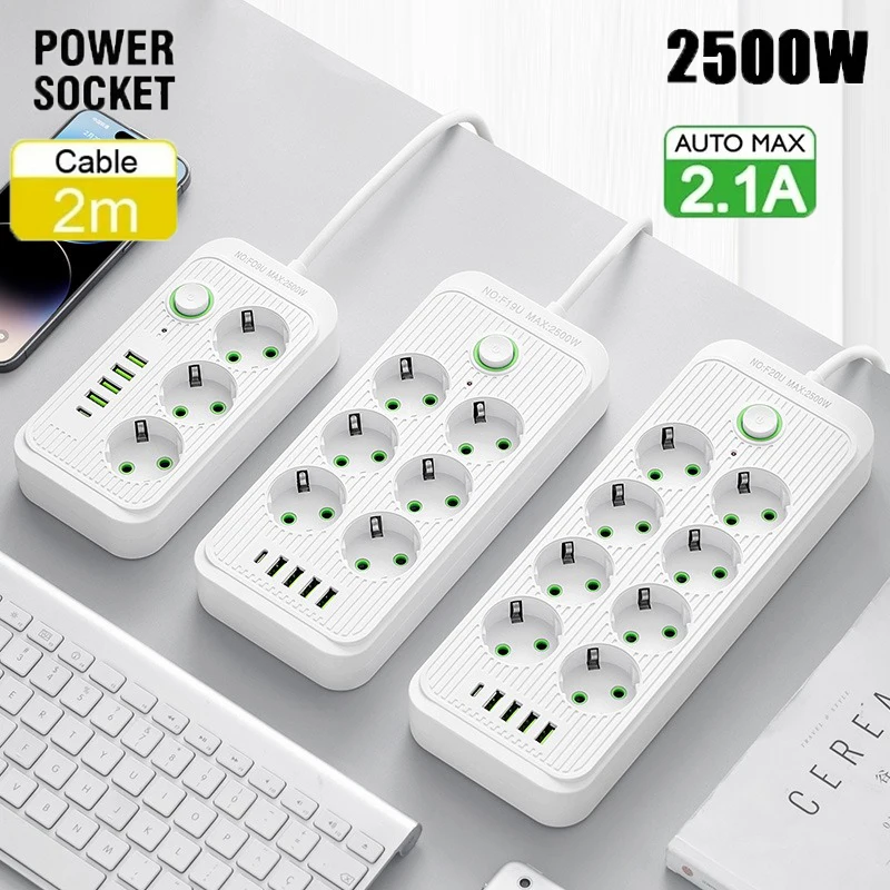 

Вилка европейского стандарта Розетки переменного тока Многоразъемная розетка 2 м Удлинитель Электрический удлинитель с USB типа C Быстрая зарядка Сетевой фильтр-адаптер