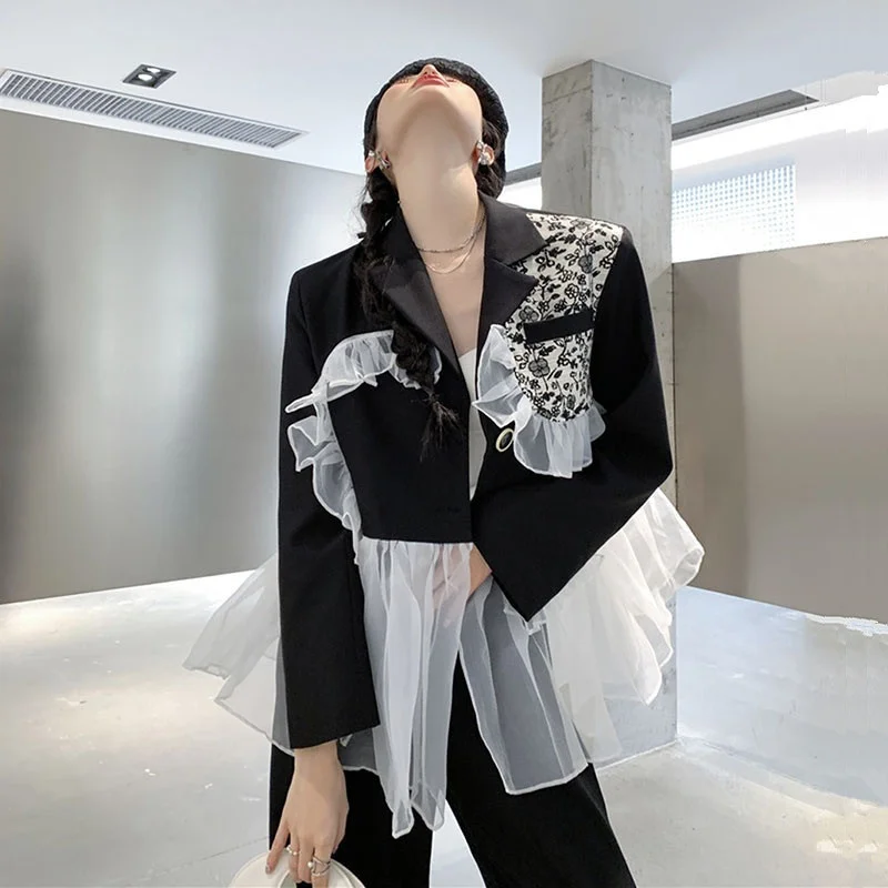 Vintage Floral Printing Stitching Mesh Ruffles Black Suit Jacket Spring New Women Korean Casual Lapel Long Sleeve Blazers Coat