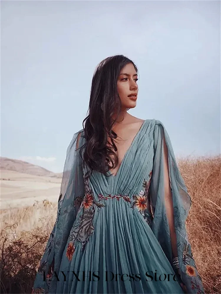 LAYXHS Vestidos de noite elegantes com decote em V, xale, apliques, linha A, pregas, vestidos formais de baile, personalizados