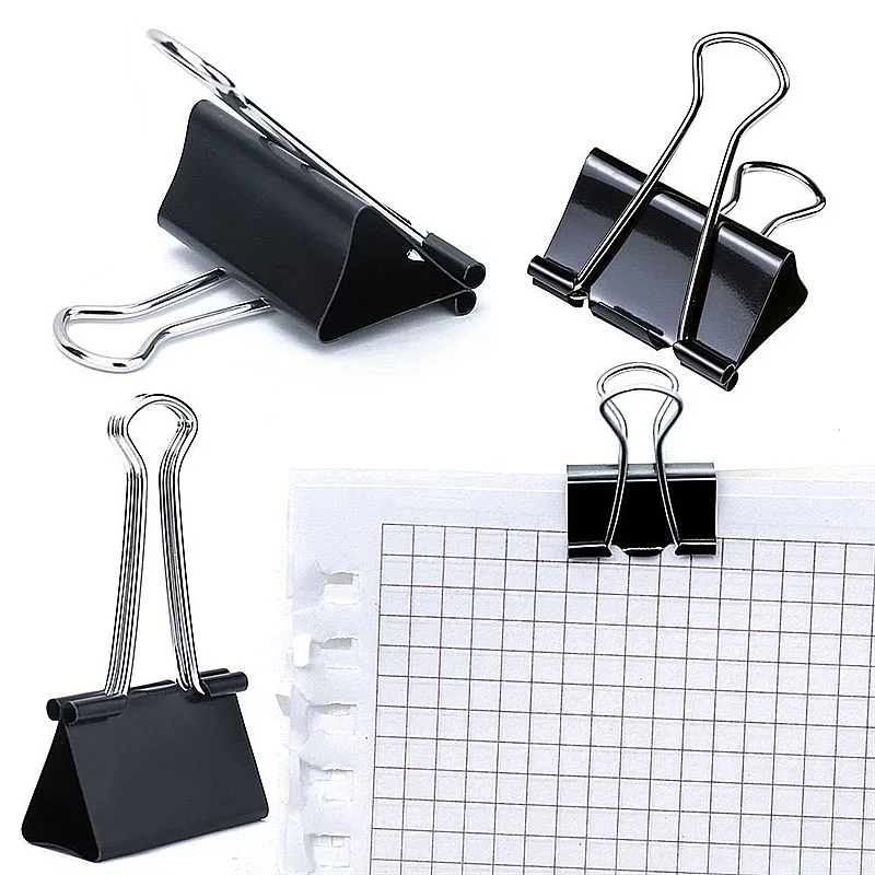12PCS/box Metal Black Binder Clips Multi Sizes Paper Clamps Office Document Organizing Clips School Office Stationery Supplies
