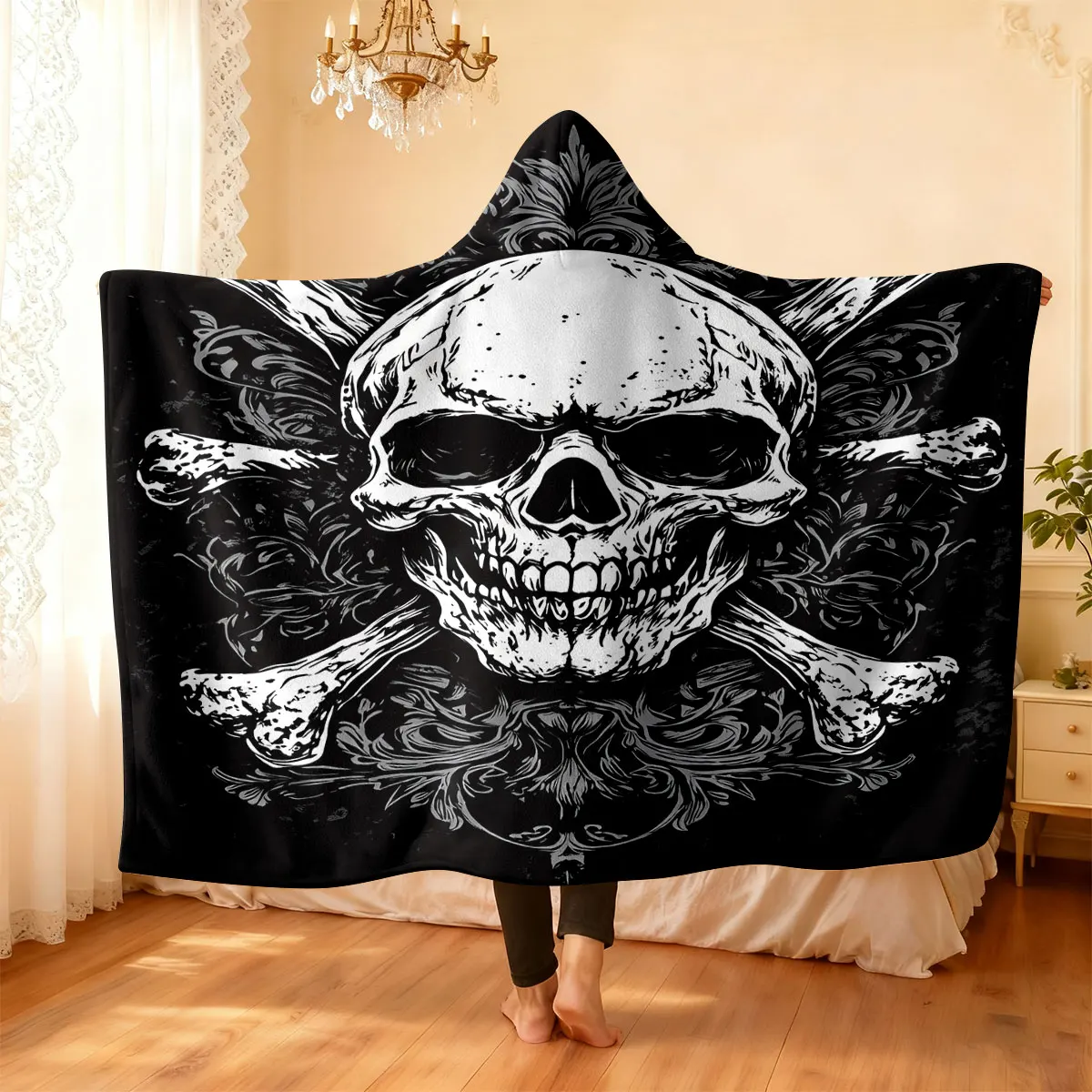 1pc dark retro skeleton crossbone hat blanket flannel hoodie wearable cape blanket, soft and casual  blanket