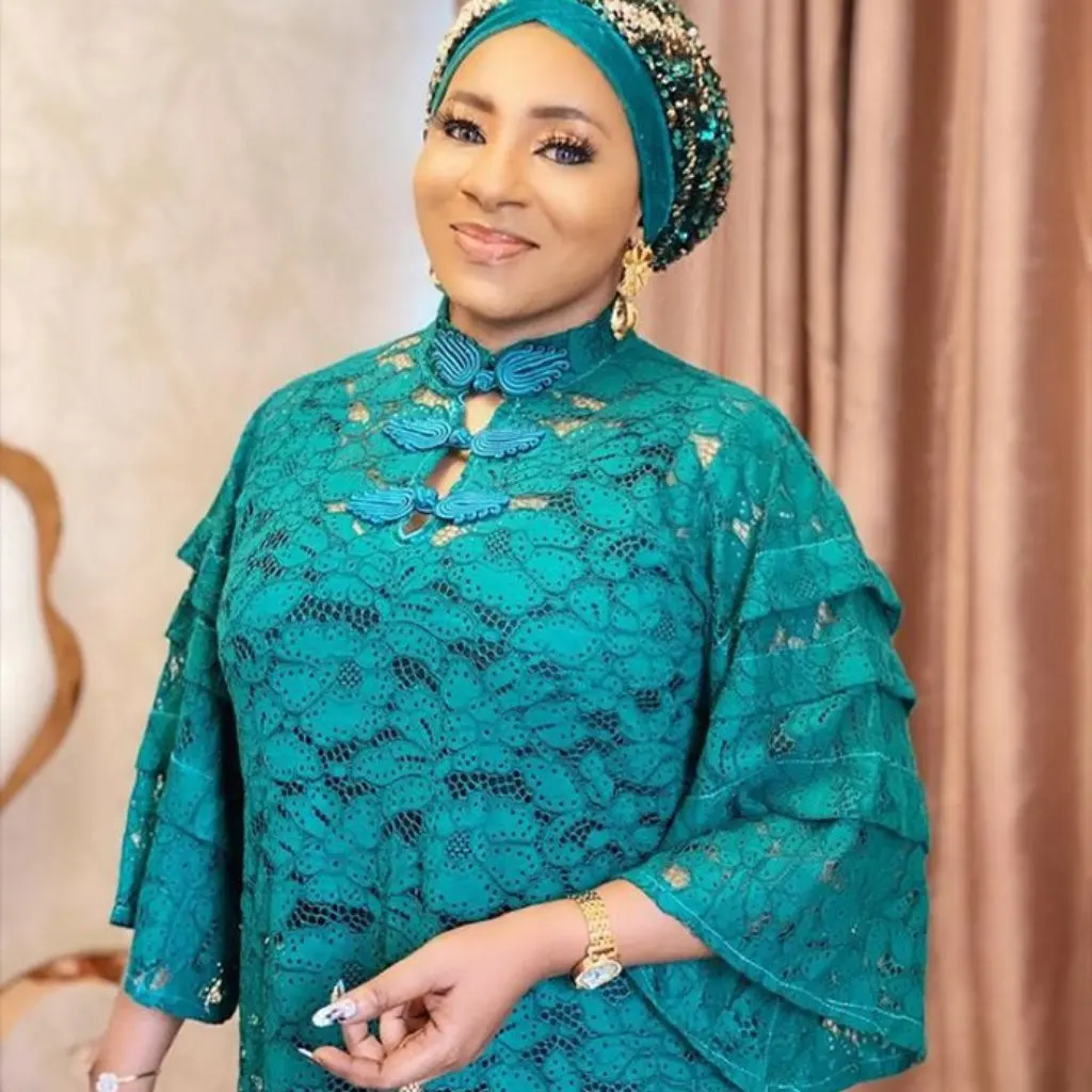 Afrikanischer Damen-Rock, modisch, gerade, Spitze, lockerer langer Rock mit Glockenärmeln, kleiner Stehkragen, Kleidversorgung, Juni Factory