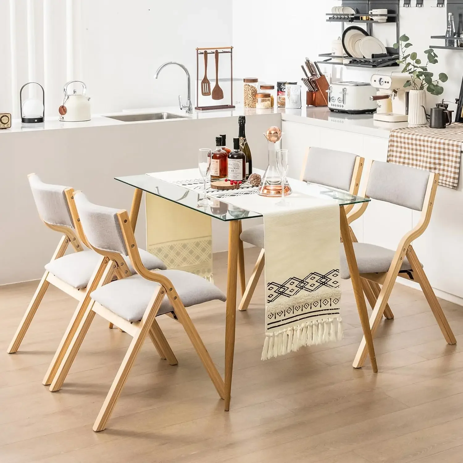 Chaises de Salle à Manger Pliantes en Bois avec Sièges Rembourrés en Lin, Chaises de Cuisine sans Assemblage, PRExtra