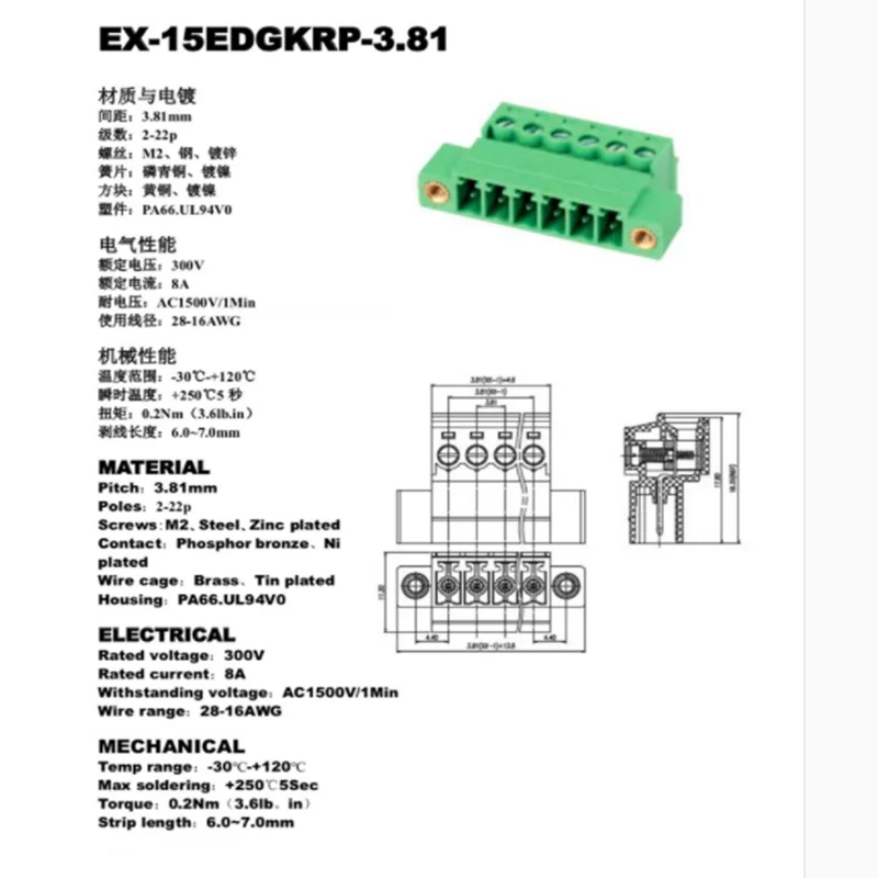 5sets HJXY  Wall-through fixed panel 15EDGWC-3.81mm solderless butt joint with flange frame plug-in terminal block 2p-24p