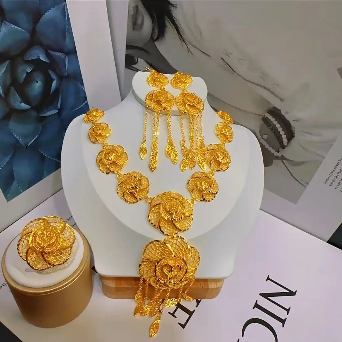 

New Dubai 24K Gold Plated Necklace, Earrings, Rings for Women's Wedding Parties, Mother's Gifts, Jewelry Set YY10544