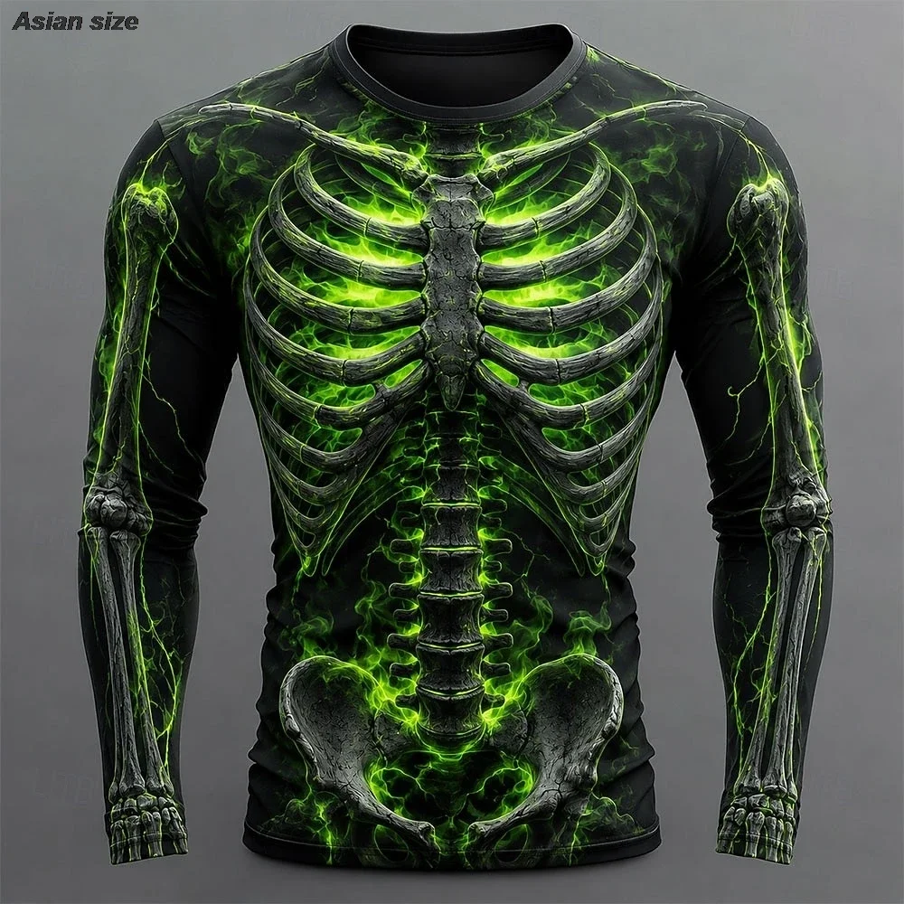 Camiseta de manga larga con estampado de esqueleto en 3D, diseño unisex, para hombres y mujeres, con cuello redondo elástico, tejido de compresión, ideal para Halloween, disfraces, actividades deportivas y entrenamiento físico.