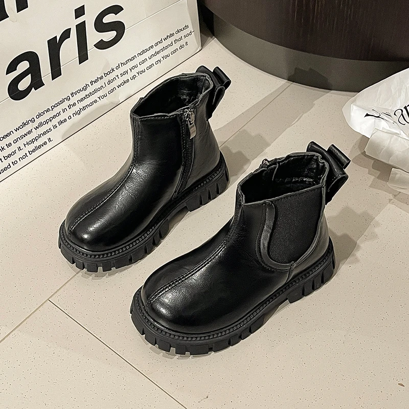 الفتيات الأحذية الجلدية بلون الكورية نمط الاطفال أحذية بوت قصيرة أصابع مستديرة 2025 شتاء جديد الأطفال الأميرة الأحذية سستة عدم الانزلاق #4