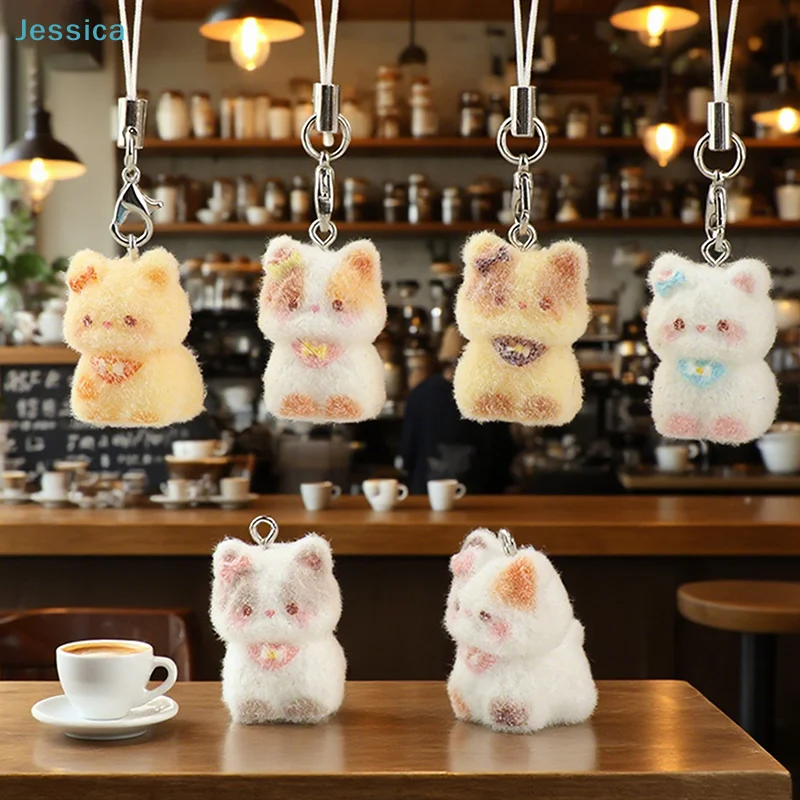 ♥Cute Flocked Animal Phone Charms - Mini Plush Bear Rabbit Cat Keychain for Backpacks and Phones
