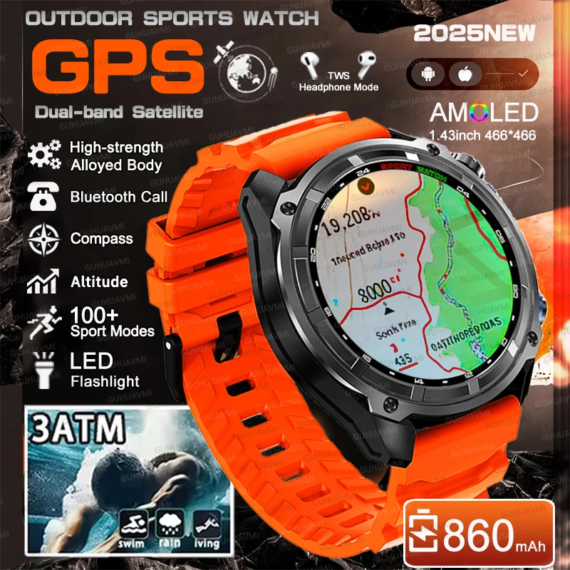 

Outdoors NEW Military Built-in GPS Offline Map Position Smart Watch Men 4GB Memory 3ATM Waterproof 860mAh Compass HD Talk Watch