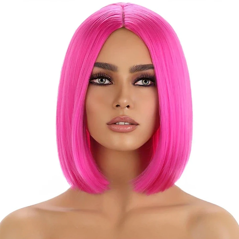 

Hot Pink Wig for Women Hot Pink Bob Wig Short Straight Magenta Wig Middle Part Synthetic Heat Resistant Cosplay Costume