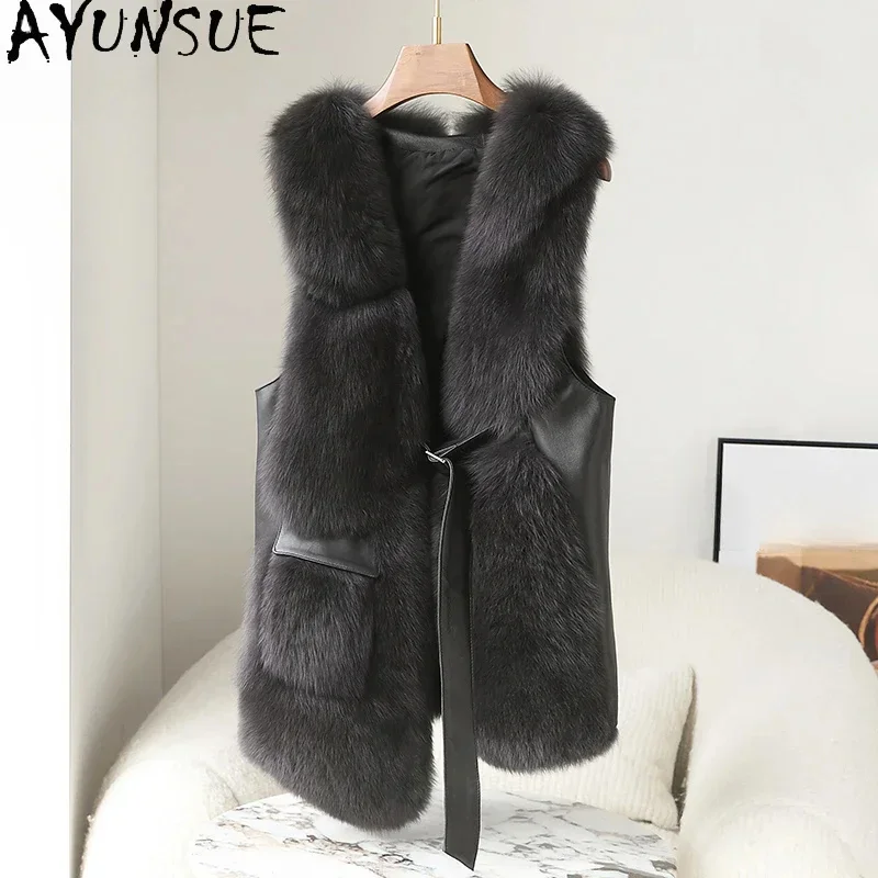 

Real AYUNSUE Fox Fur Coat Women Luxury Winter 2024 Sleeveless Natural Jacket Korean Fashion Irregular Tops Veste Femme