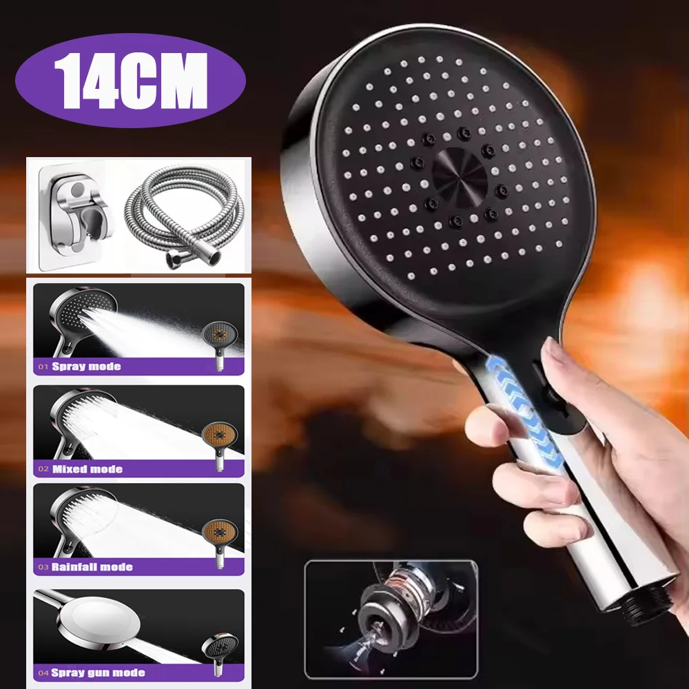 

4 In 1 Design 14CM Big Panel Massage Pressurized Shower Head 4 Modes High Pressure Large Flow One-Key Stop Handheld Showerhead