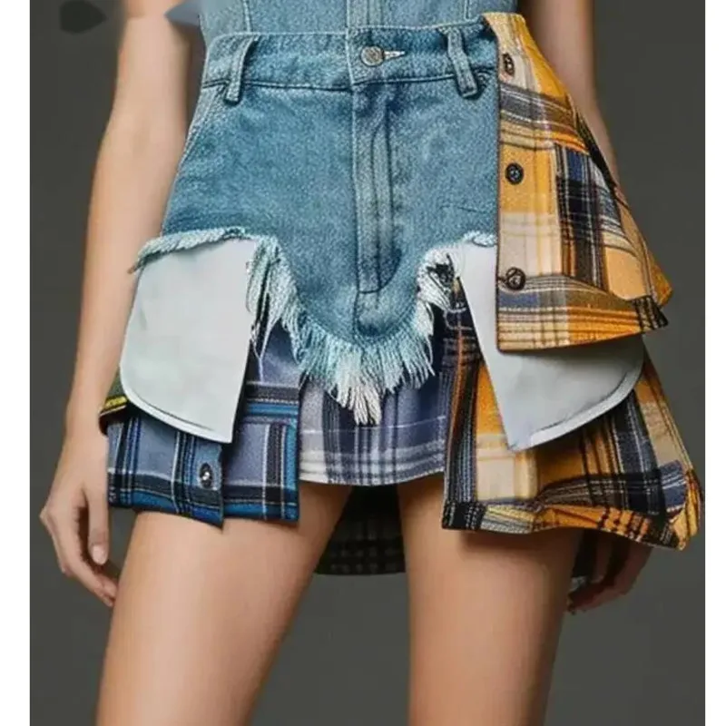 

Fashion Plaid Patchwork Irregular Deconstructed Denin Skirt Women's High Waist A-line High Waist Mini Skirts Summe1MMY