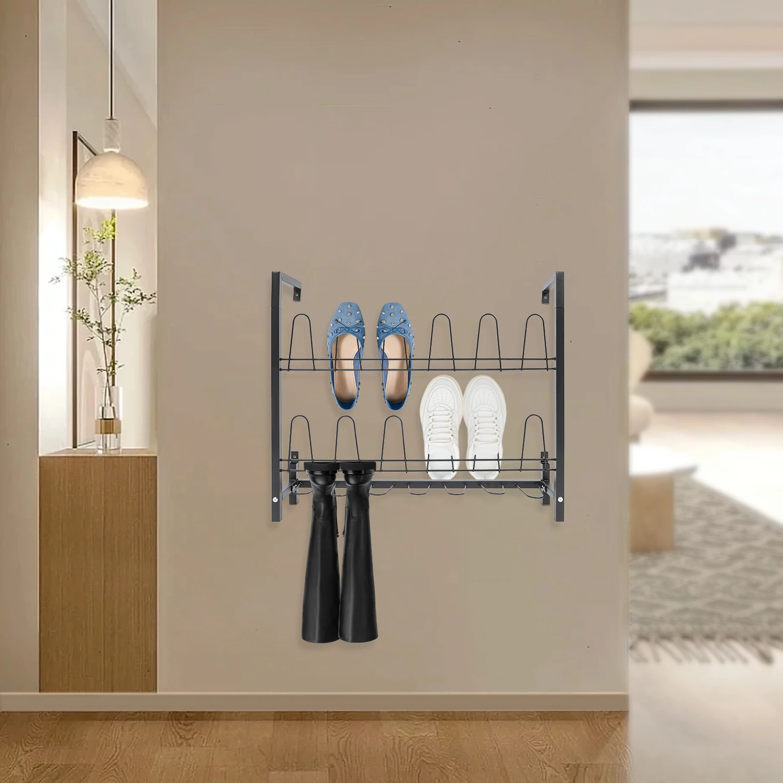 

Настенная 3-ярусная подвесная полка для обуви из черного железа 73*15*60 см с 9 двойными крючками (на 44 фунта), экономящая место