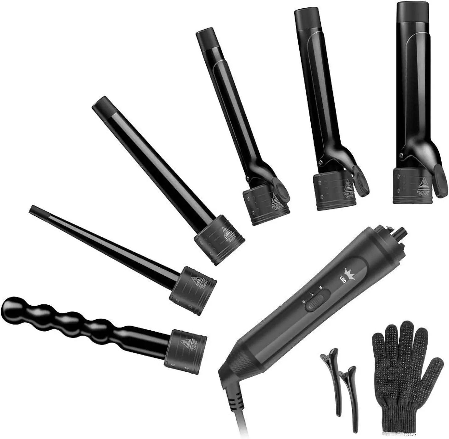 6-in-1 Curling Iron Set, Instant Heat Up, 6 Ceramic Barrels (0.35"-1.25"), 2 Temp Settings, Glove & Clips