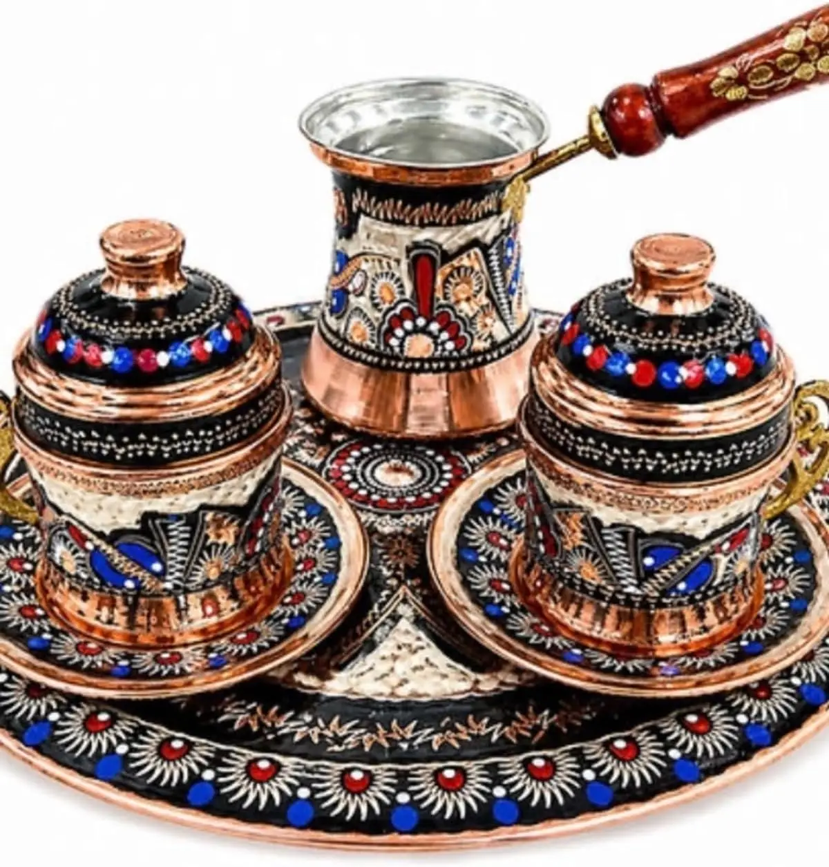 Handcrafted Copper Turkish Coffee Set for 2, Erzincan Hand-Engraved with Black Enamel, Includes 2 Lidded Cups, Saucers, Cezve, a