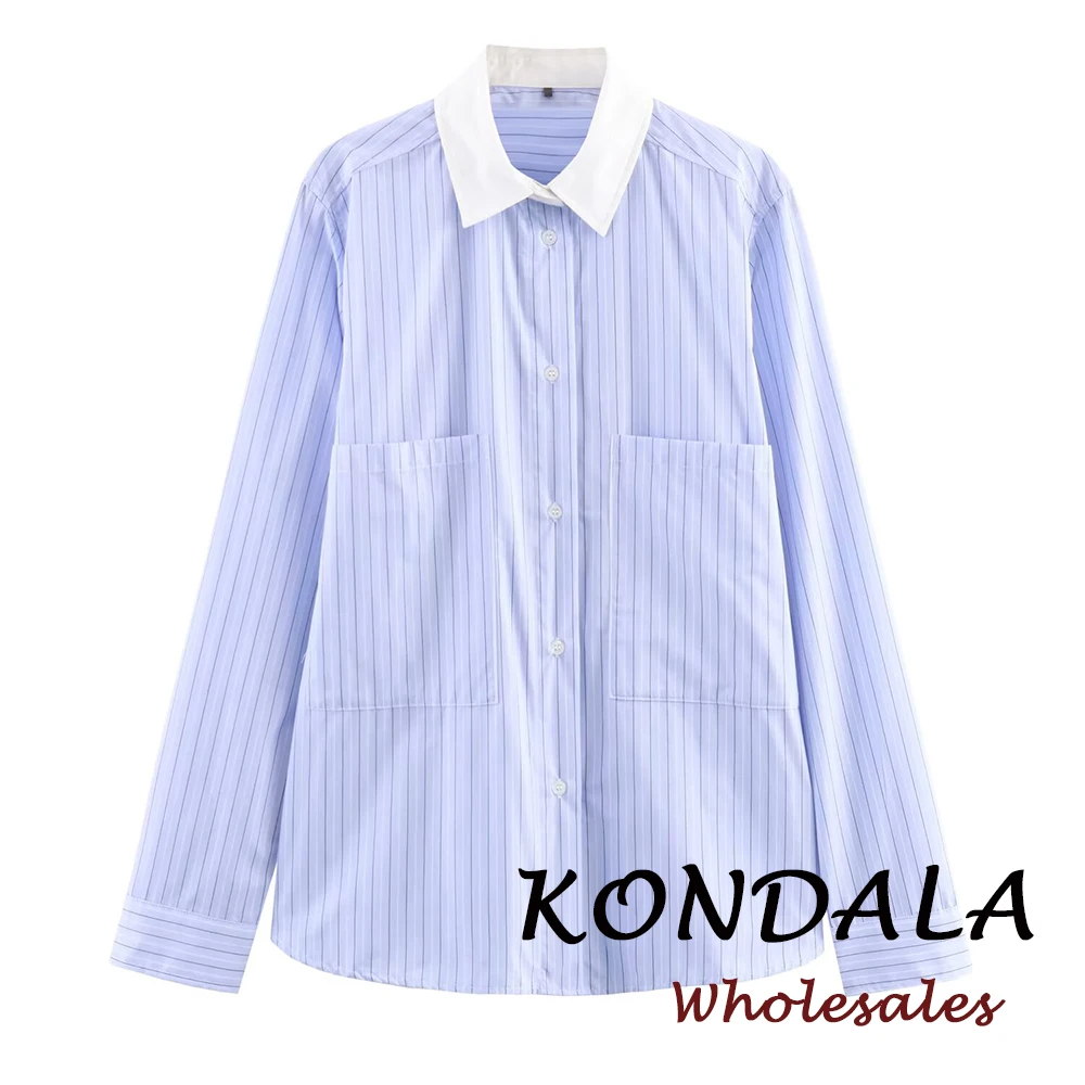 KONDALA Schickes Gestreiftes Damenhemd Mode 2026 Frühling Einreihige Lockere Bluse mit Umlegekragen Lässige Oversize-Hemden für Damen